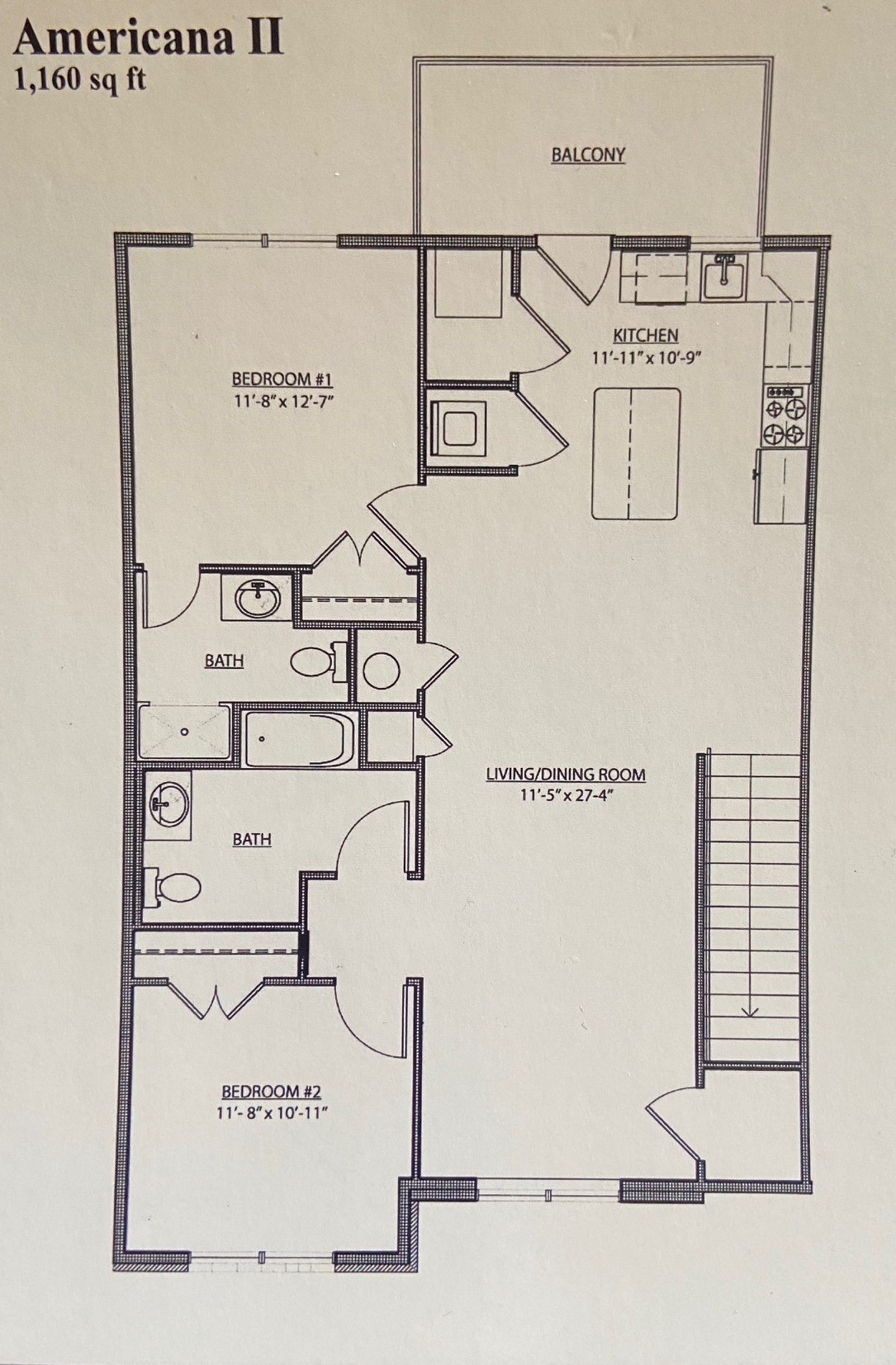 Floor plan for 2 beds, 2 baths, 1160 sqft